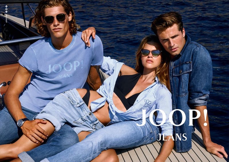 Embracing shades of blue, Umberto Villahermosa, Kim Riekenberg, and Edward Wilding front JOOP! Jeans' spring-summer 2020 campaign.