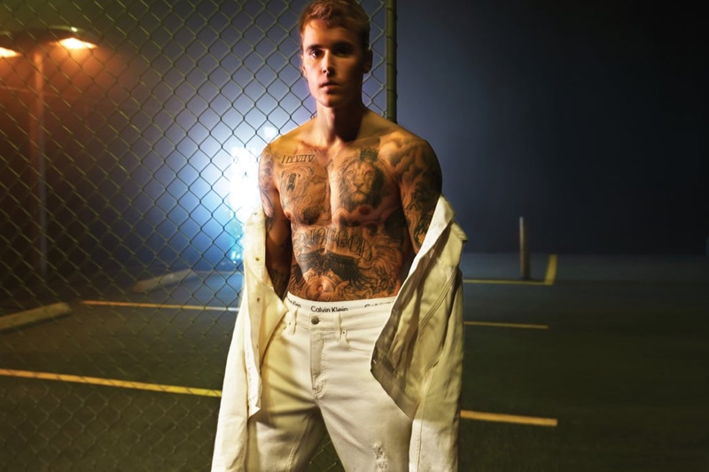 Making a case for white denim, Justin Bieber appears in Calvin Klein's spring-summer 2020 campaign.