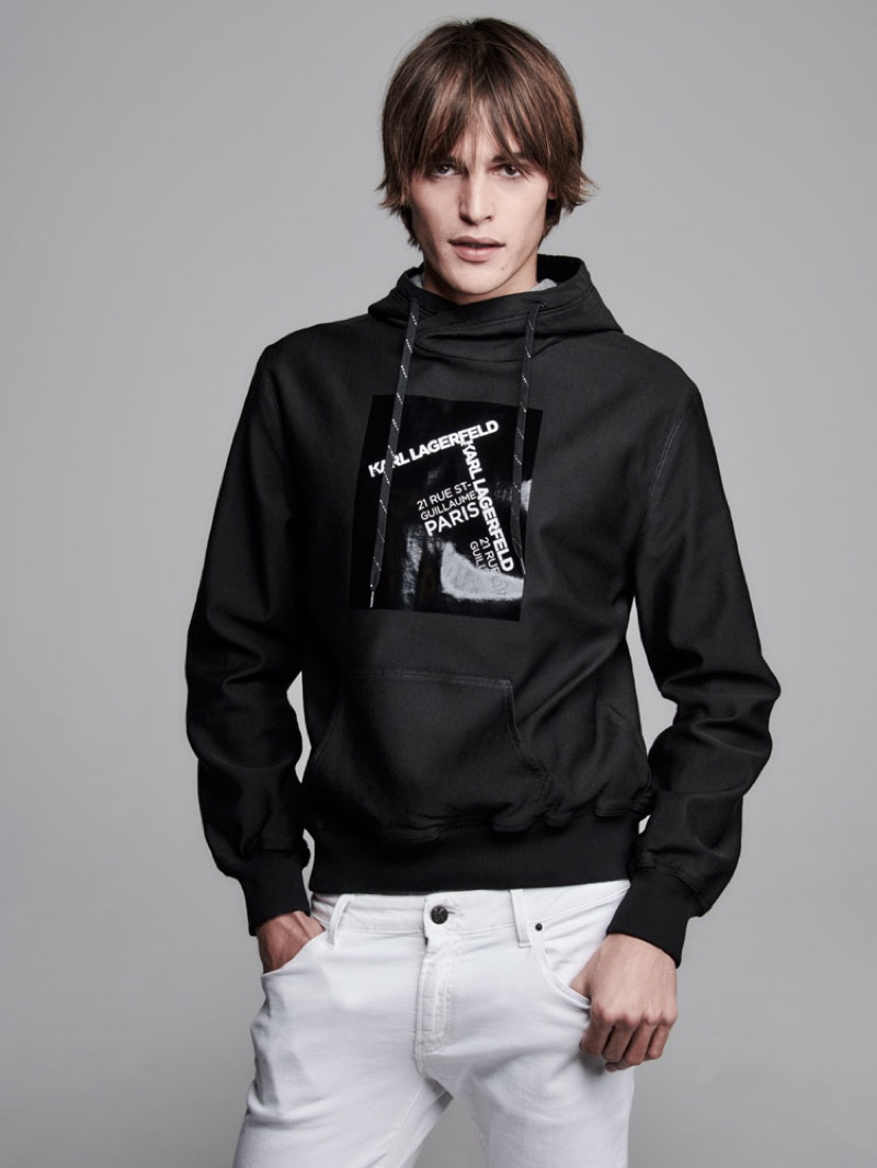 Parker van Noord goes sporty in a hoodie from Karl Lagerfeld's spring-summer 2020 collection.
