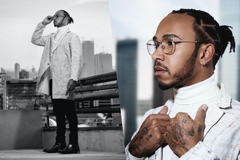 Donning optical frames, Lewis Hamilton appears in the campaign for his Police eyewear collaboration.