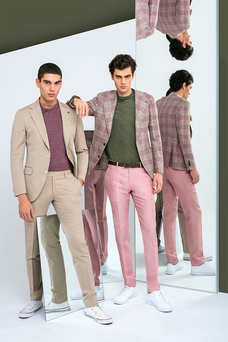 Front and center, Samuele Urbani and Alexandru Gorincioi appear in Lubiam's spring-summer 2020 campaign.