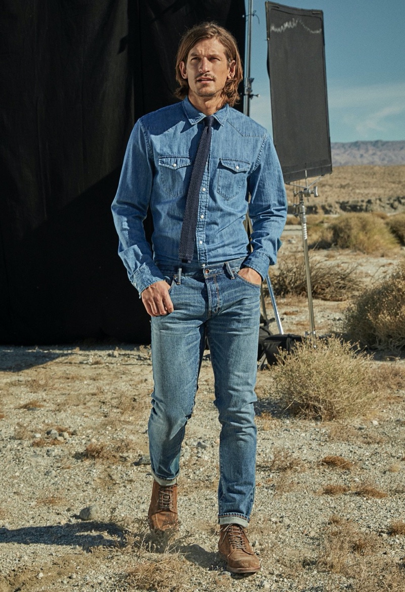 Doubling down on denim, Jarrod Scott dons a western shirt with Japanese stretch selvedge jeans.