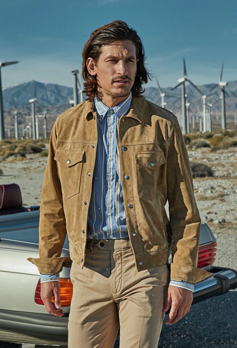 Pictured in the desert, Jarrod Scott wears a Todd Snyder Italian suede snap Dylan jacket.