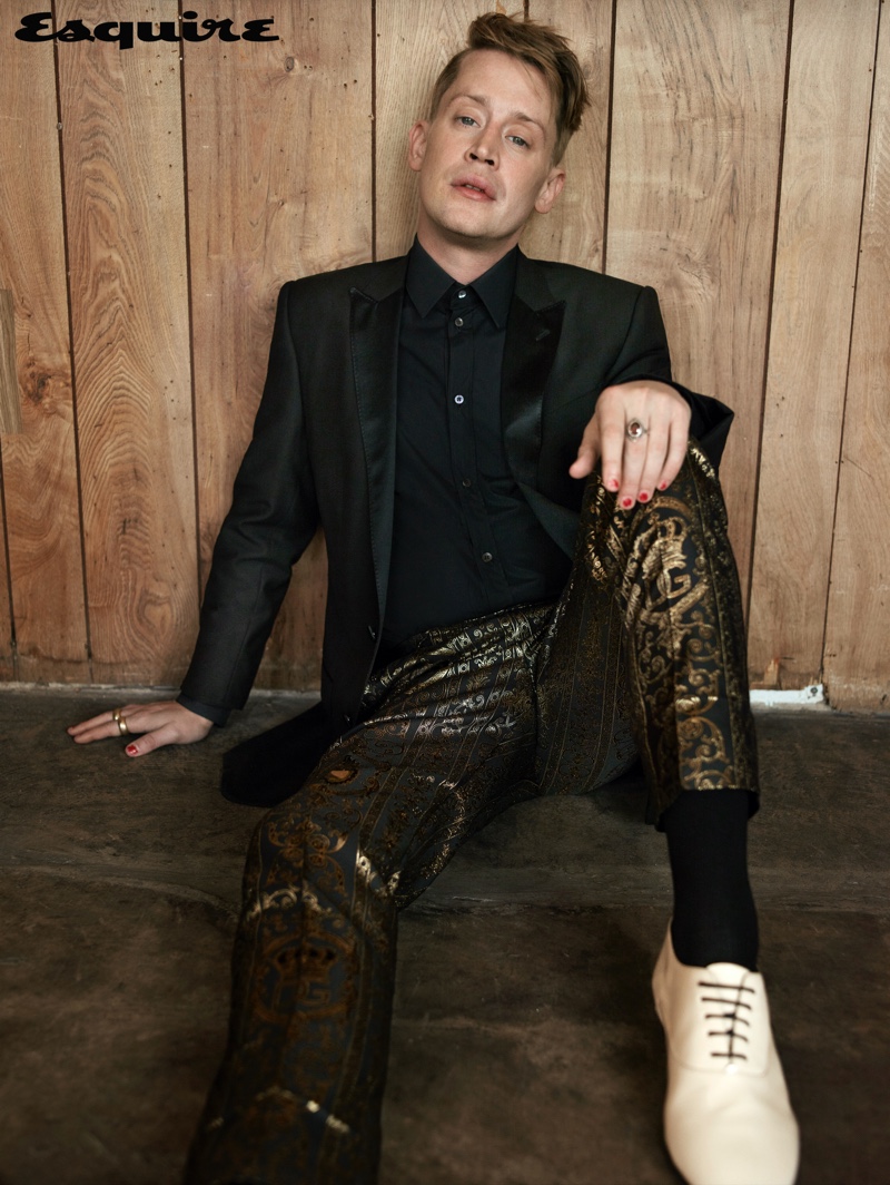 Dressed to impress, Macaulay Culkin sports a Dolce & Gabbana look with Saint Laurent shoes for Esquire.