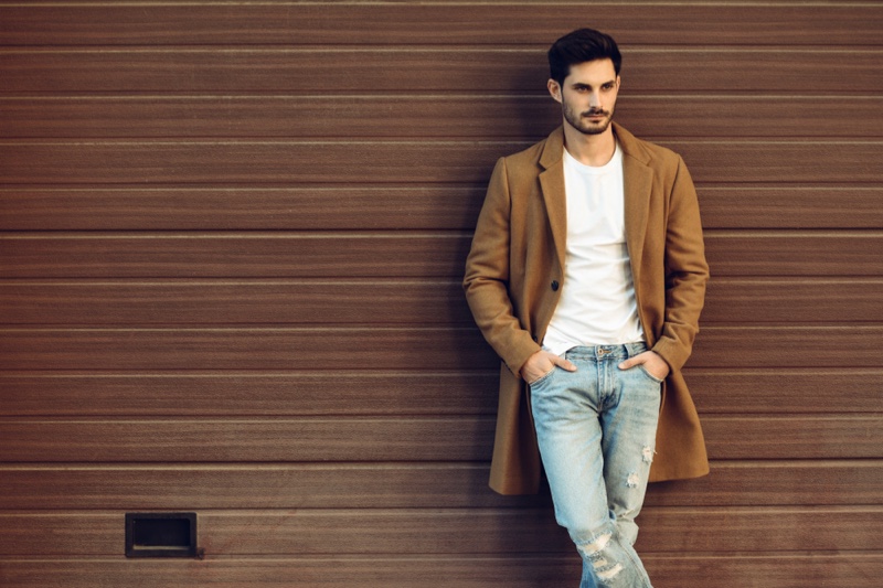 Male Model Brown Coat White Tee Distressed Jeans