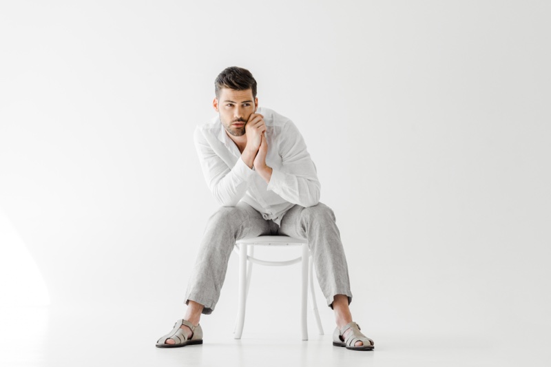 Male Model Linen Top Pants Sandals