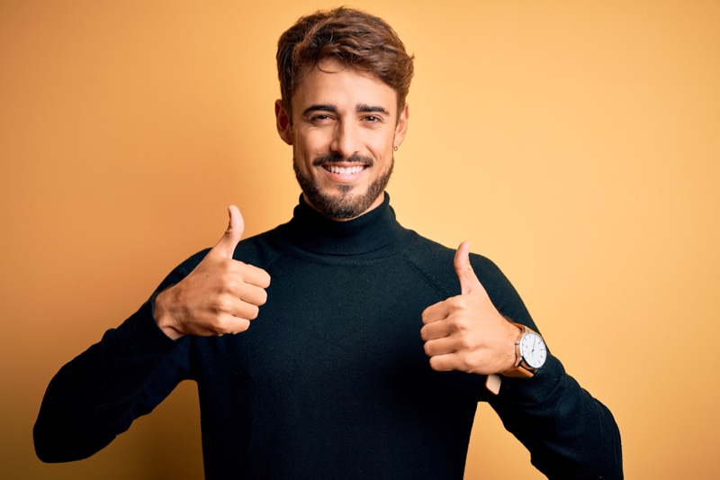 Man Black Turtleneck Sweater Thumbs Up Watch