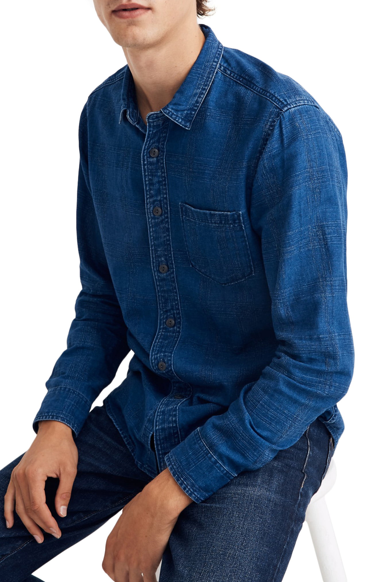 Men’s Madewell Textured Plaid Indigo Long Sleeve Shirt, Size Small ...