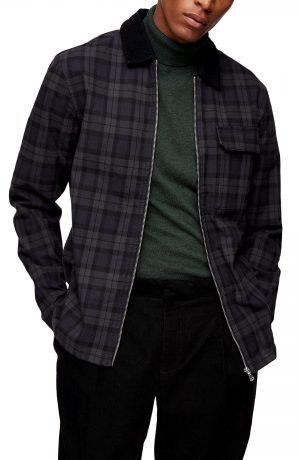 Men's Topman Check Stretch Cotton Zip Shacket, Size Medium - Black Men's Topman Check Stretch Cotton Zip Shacket, Size Medium - Black