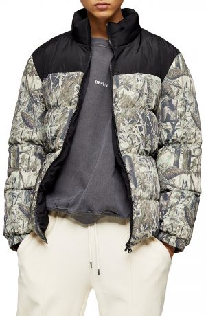 Men's Topman Classic Fit Foliage Print Puffer Coat, Size Medium - Black Men's Topman Classic Fit Foliage Print Puffer Coat, Size Medium - Black