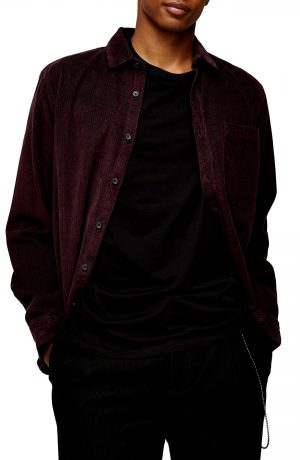 Men's Topman Corduroy Button-Up Shirt, Size Small - Burgundy Men's Topman Corduroy Button-Up Shirt, Size Small - Burgundy