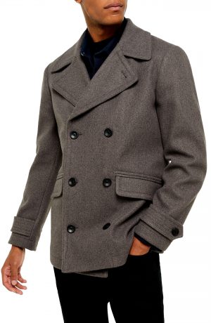 Men's Topman Double Breasted Peacoat, Size Large - Grey Men's Topman Double Breasted Peacoat, Size Large - Grey
