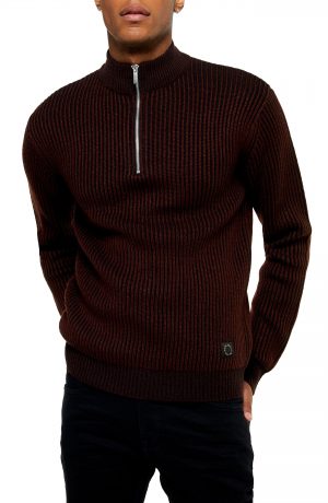 Men's Topman Half Zip Plaited Mock Neck Sweater, Size Large - Burgundy Men's Topman Half Zip Plaited Mock Neck Sweater, Size Large - Burgundy