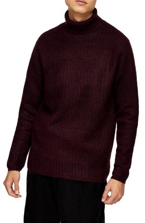 Men's Topman Harlow Ribbed Turtleneck Sweater, Size Large - Burgundy Men's Topman Harlow Ribbed Turtleneck Sweater, Size Large - Burgundy