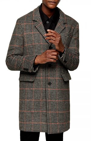 Men's Topman Houndstooth Longline Coat, Size Large - Black Men's Topman Houndstooth Longline Coat, Size Large - Black