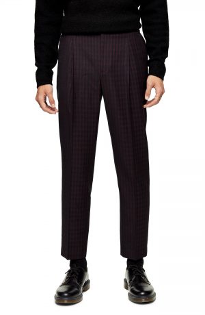 Men's Topman Houndstooth Tapered Fit Trousers, Size 32 x 32 - Burgundy Men's Topman Houndstooth Tapered Fit Trousers, Size 32 x 32 - Burgundy
