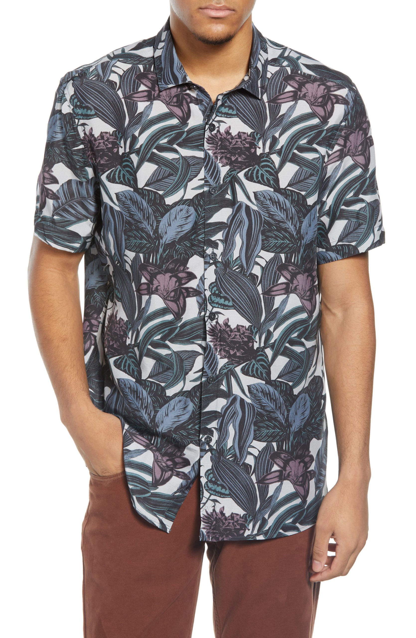 Men’s Topman Leaf Print Short Sleeve Button-Up Shirt, Size Large ...