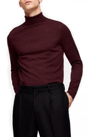 Men's Topman Merino Wool Turtleneck Sweater, Size Small - Burgundy Men's Topman Merino Wool Turtleneck Sweater, Size Small - Burgundy