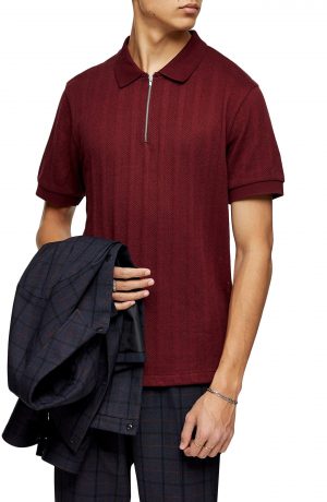 Men's Topman Mesh Stripe Zip Polo, Size Large - Burgundy Men's Topman Mesh Stripe Zip Polo, Size Large - Burgundy