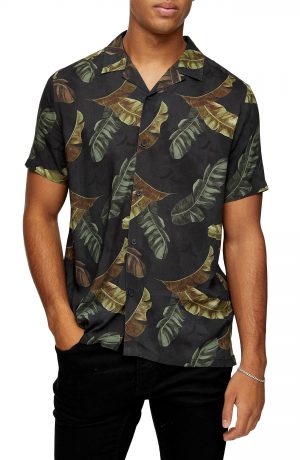 Men's Topman Palm Leaf Short Sleeve Button-Up Camp Shirt, Size Large - Black Men's Topman Palm Leaf Short Sleeve Button-Up Camp Shirt, Size Large - Black