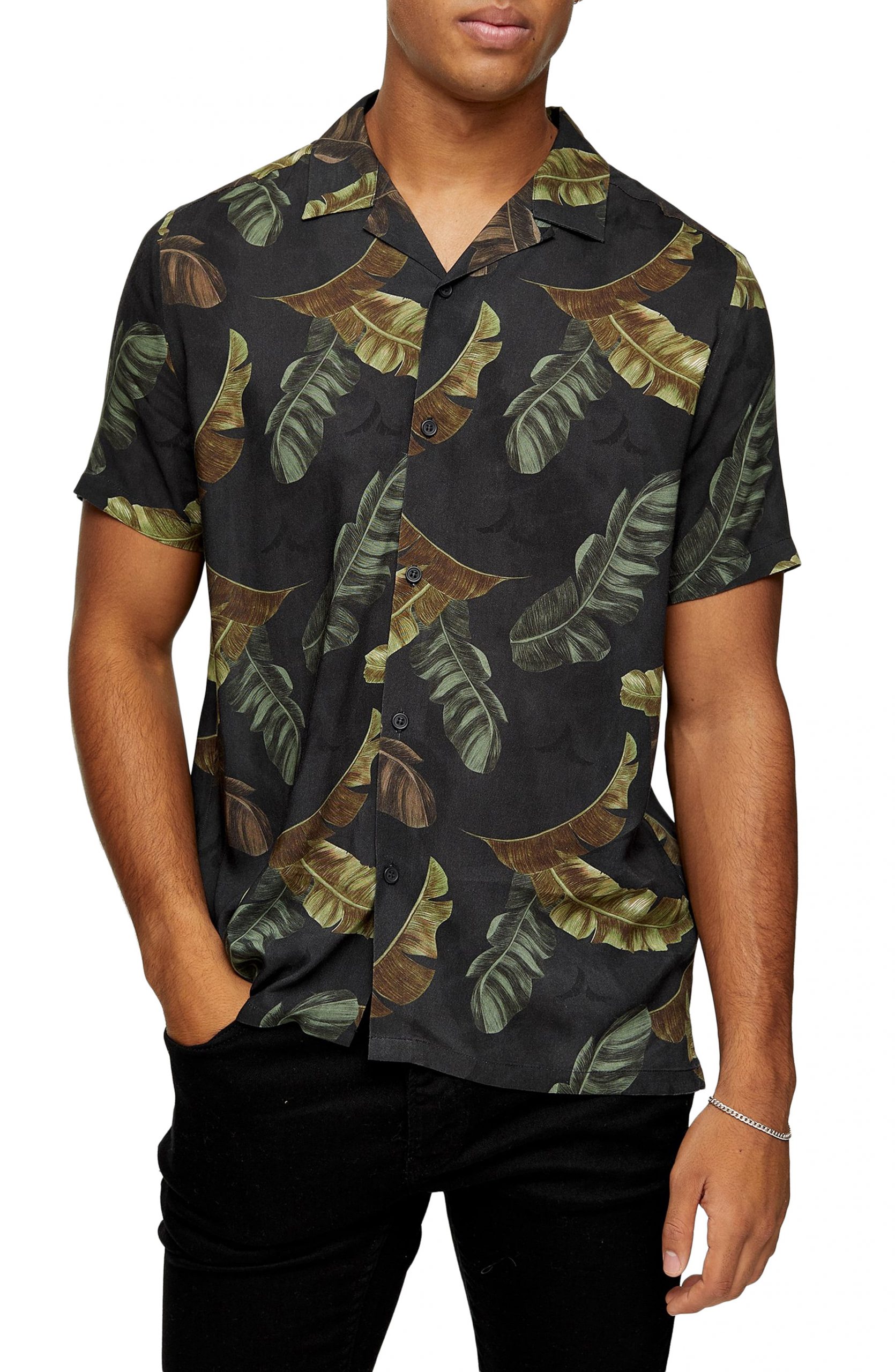 Men’s Topman Palm Leaf Short Sleeve Button-Up Camp Shirt, Size Large ...