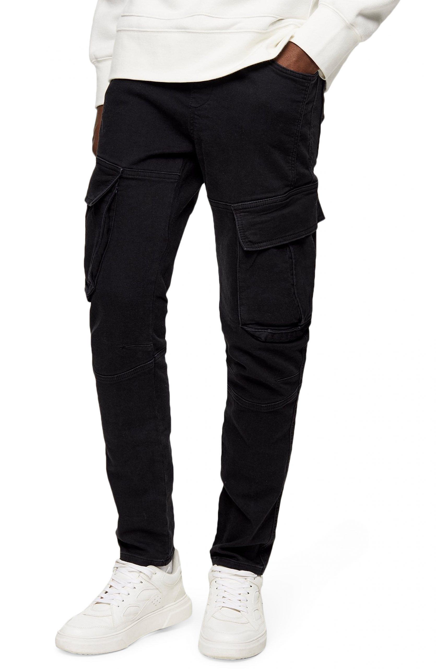 Men’s Topman Slim Fit Cargo Jeans, Size 38 x 34 - Black | The Fashionisto