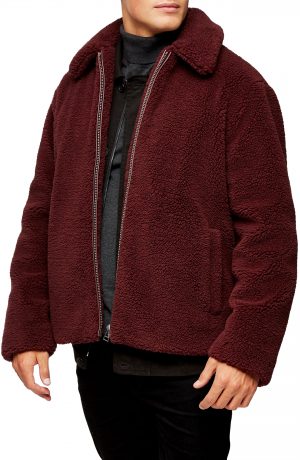 Men's Topman Slim Fit Faux Shearling Teddy Coat, Size Large - Burgundy Men's Topman Slim Fit Faux Shearling Teddy Coat, Size Large - Burgundy