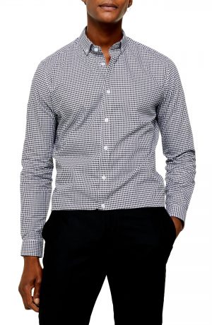 Men's Topman Slim Fit Gingham Check Button-Down Shirt, Size Large - Black Men's Topman Slim Fit Gingham Check Button-Down Shirt, Size Large - Black