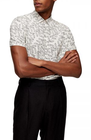 Men's Topman Slim Fit Leaf Print Short Sleeve Button-Up Shirt Men's Topman Slim Fit Leaf Print Short Sleeve Button-Up Shirt