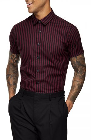Men's Topman Slim Fit Stripe Short Sleeve Button-Up Shirt, Size X-Small - Burgundy Men's Topman Slim Fit Stripe Short Sleeve Button-Up Shirt, Size X-Small - Burgundy