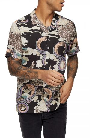 Men's Topman Snake Print Short Sleeve Button-Up Shirt, Size Medium - Black Men's Topman Snake Print Short Sleeve Button-Up Shirt, Size Medium - Black