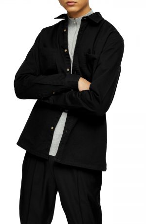 Men's Topman Solid Twill Button-Up Shirt, Size Large - Black Men's Topman Solid Twill Button-Up Shirt, Size Large - Black