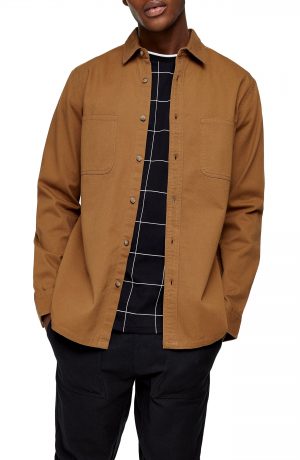 Men's Topman Solid Twill Button-Up Shirt, Size X-Small - Brown Men's Topman Solid Twill Button-Up Shirt, Size X-Small - Brown