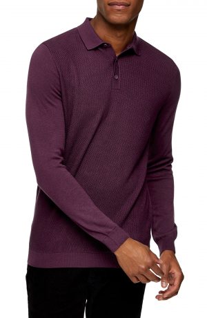 Men's Topman Texture Block Polo Sweater, Size Large - Burgundy Men's Topman Texture Block Polo Sweater, Size Large - Burgundy