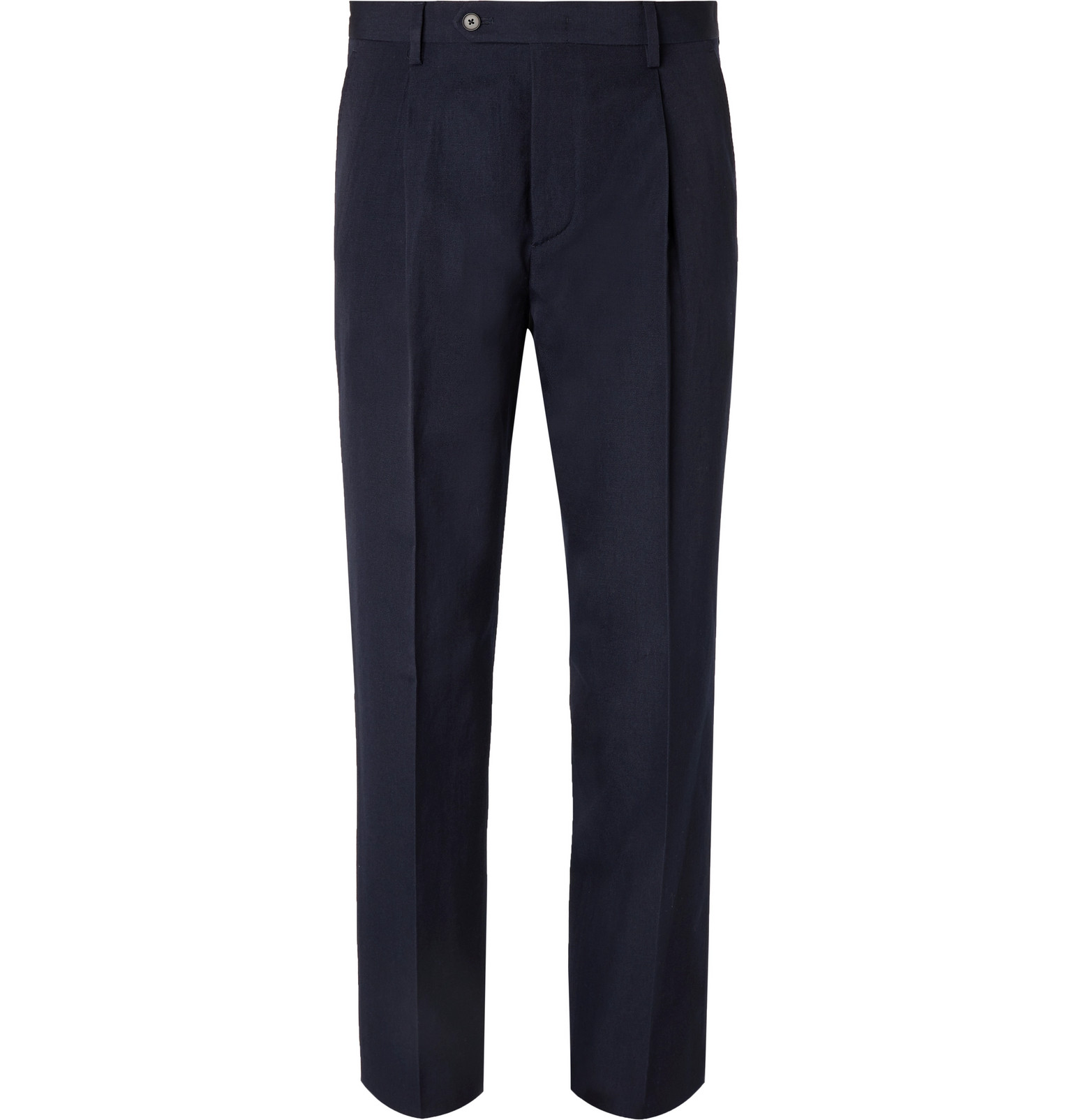 Mr P. - Navy Slim-Fit Tapered Pleated Wool and Linen-Blend Trousers ...