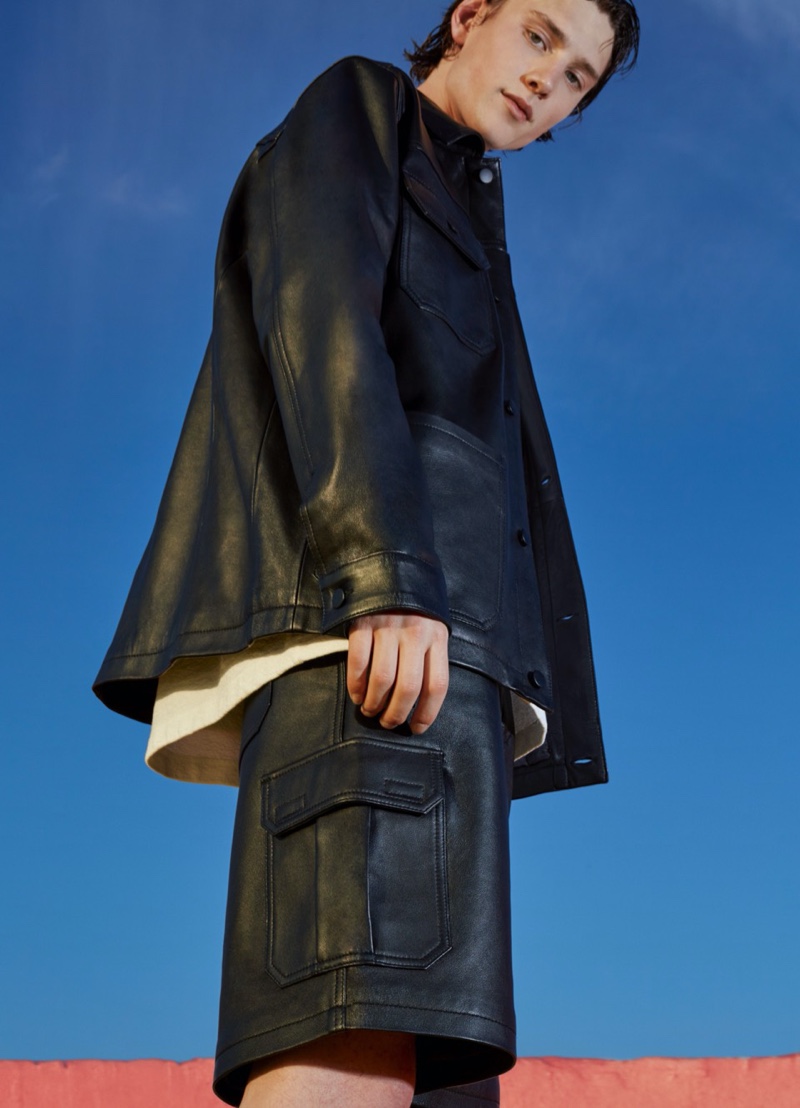 Wellington Grant dons a faux leather look from Pull & Bear's spring Urban collection.