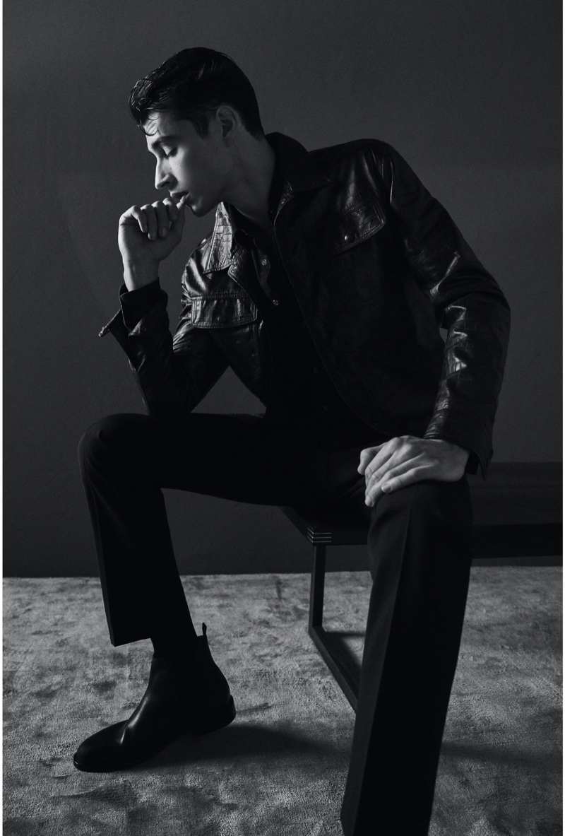 French model Adrien Sahores sports a leather jacket for Reiss' spring-summer 2020 campaign.