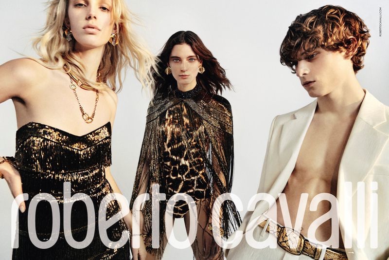 Models Jessie Bloemendaal, Ansley Gulielmi, and Serge Sergeev star in Roberto Cavalli's spring-summer 2020 campaign.