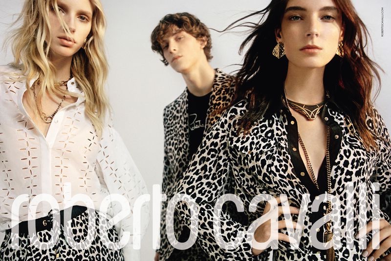 Jessie Bloemendaal, Serge Sergeev, and Ansley Gulielmi front Roberto Cavalli's spring-summer 2020 campaign.