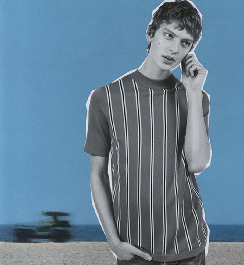 Model Leon Dame wears a striped t-shirt for Sandro's spring-summer 2020 campaign.