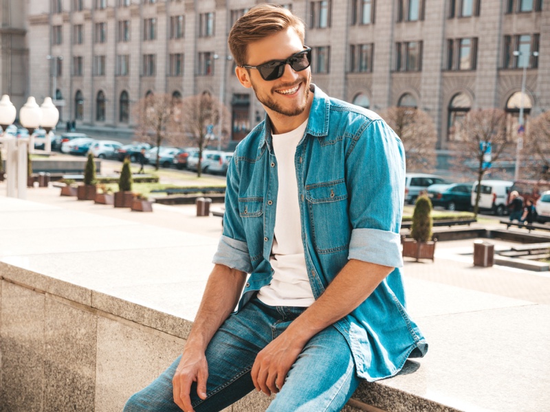 Smiling Male Model Denim Jacket Jeans Sunglasses