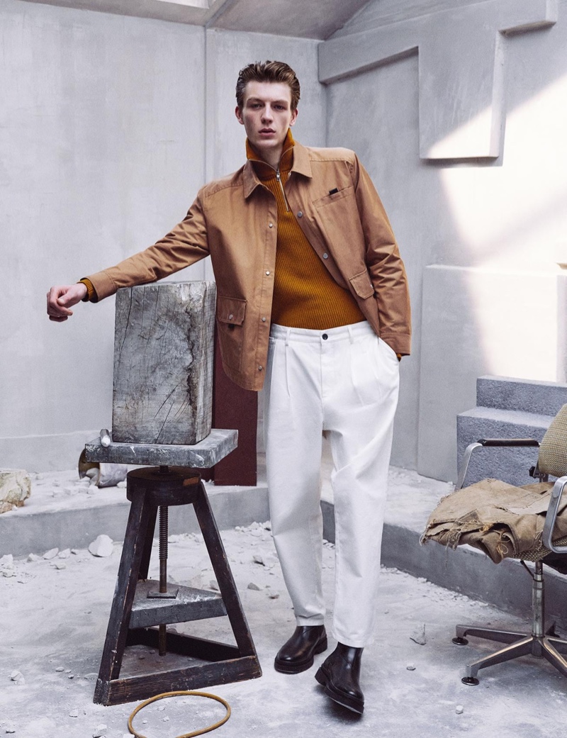 Finnlay Davis wears a look from Zara's Chillida collection.