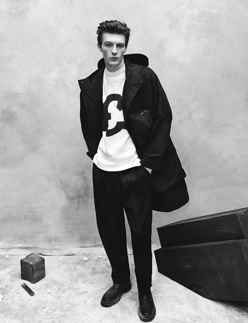 Sporting black and white, Finnlay Davis dons fashions from Zara's Chillida collection.