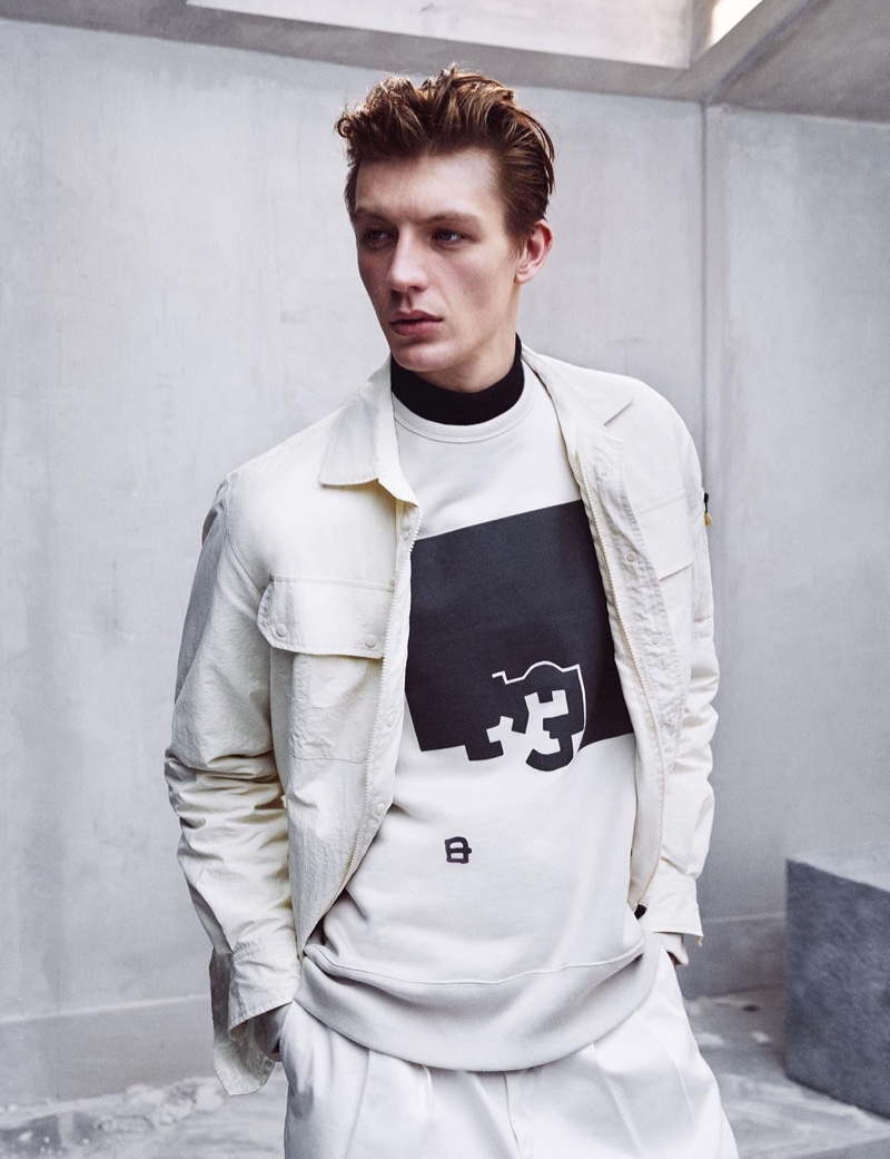 Making a case for monochrome style, Finnlay Davis wears an ensemble from Zara's Chillida collection.