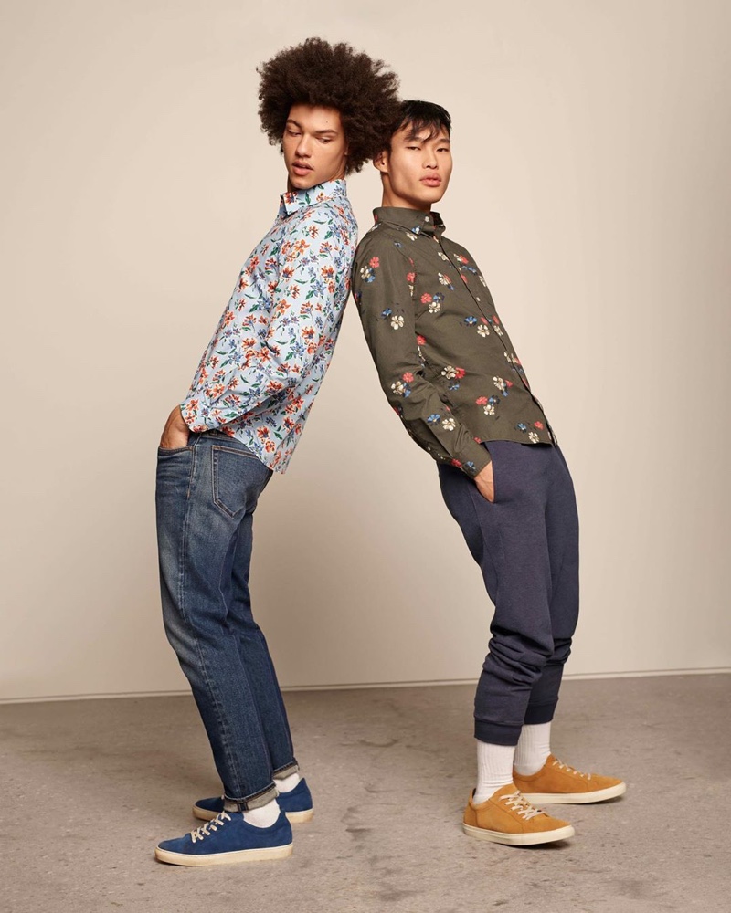 Models Gabriel Gomieri and Chun Soot sports floral print shirt from Banana Republic.