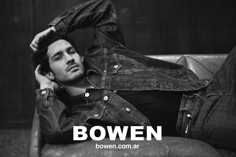 Doubling down on denim in a jacket and pair of jeans, Chino Darin fronts Bowen's fall-winter 2020 campaign.