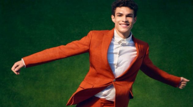 Noah & Jack Are the First Men of Brandon Maxwell All smiles, Noah Luis Brown dons a colorful suit for Brandon Maxwell's spring-summer 2020 campaign.