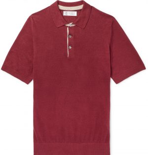 Brunello Cucinelli - Slim-Fit Knitted Mélange Linen and Cotton-Blend Polo Shirt - Men - Burgundy Brunello Cucinelli - Slim-Fit Knitted Mélange Linen and Cotton-Blend Polo Shirt - Men - Burgundy