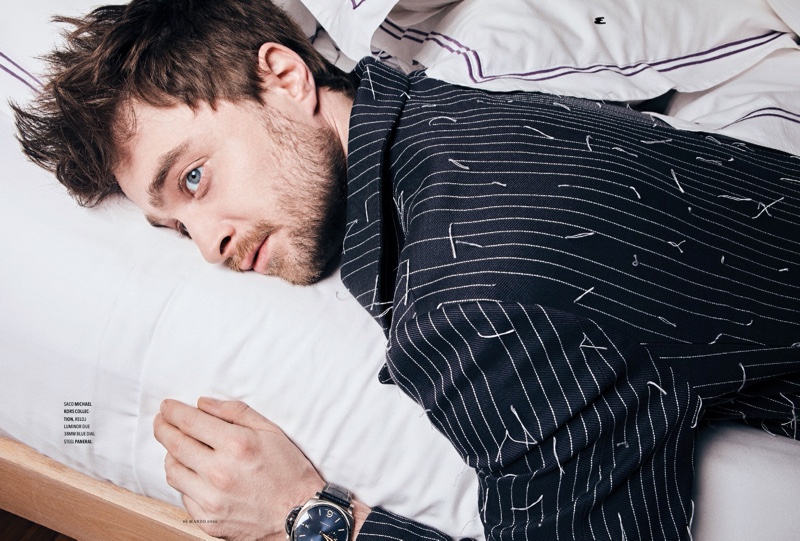 Laying in bed, Daniel Radcliffe wears a pinstripe jacket by Michael Kors for Esquire México. » Daniel Radcliffe Covers Esquire México, Reflects on Being a Child Star Laying in bed, Daniel Radcliffe wears a pinstripe jacket by Michael Kors for Esquire México.
