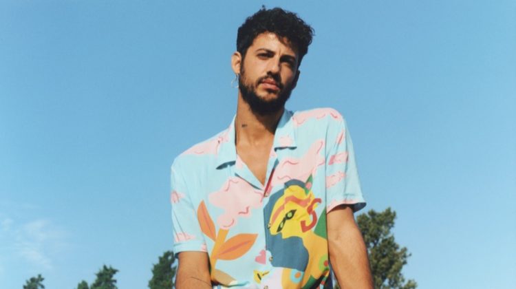 Jorge Brázalez sports a graphic look from Desigual's spring-summer 2020 campaign.